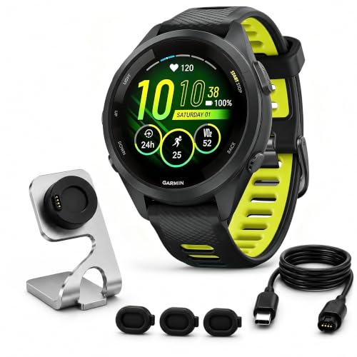 Garmin Forerunner 265S Running GPS Smartwatch, AMOLED Display, 42mm, Black/Amp Yellow, 010-02810-03 - Bundle w/Deco Essentials Charging Dock, Dust Cover and USB-C Cable