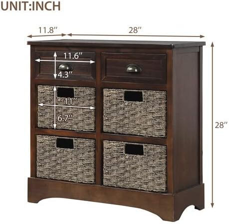 Miniatura 23 de TRIPLE TREE Armario de almacenamiento rústico, armario de madera con 2 cajones y 4 cestas de ratán, mesa de consola de entrada, mesa de sofá para