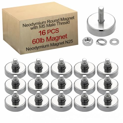 Image of Flutesan 16 Pieces Heavy Duty Round Mounting Magnet with Bolt 60lb Silver with Male Thread Stud Strong Magnet Powerful for Lighting Camera Brackets License Plate Outdoor