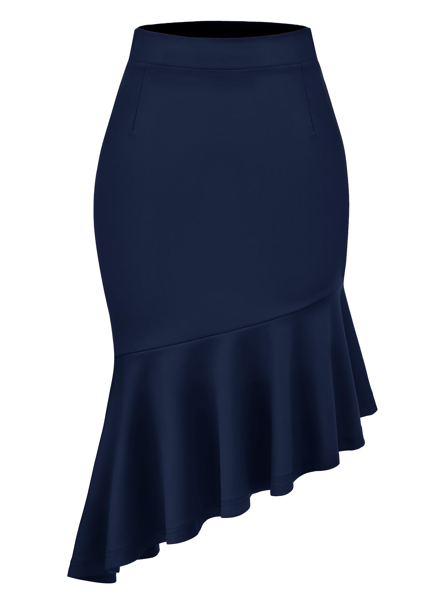 Womens Pencil Skirt High Waist Stretch Fishtail Office Work Skirt Ruffle Hem Bodycon Midi Skirt