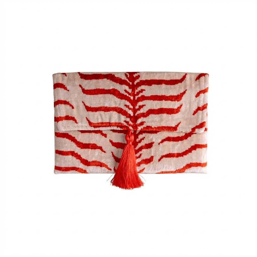 Pochette Ikat in velluto di seta fatta a mano, stile busta, design bohémien, motivo etnico, opzione cinturino a catena, pochette per feste serali, borsa premium, bianco sporco, rosso