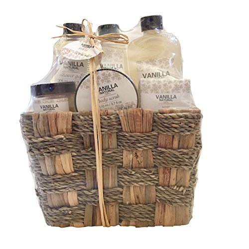 Vanilla Bath Gift Basket Set in 205ml shower gel, 150ml body lotion, 260ml bubble bath, 110ml body scrub, 80g bath salt, 80g soap