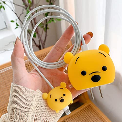 Image of Meyaar Silicone Protective Case for Apple 20W & 18W iPhone USB-C Power Adapter Charger and for USB Lightning Cable, 3D Cartoon Case for iPhone Charger 18W /20W Only (POOH+BlueBear (2 Pack))