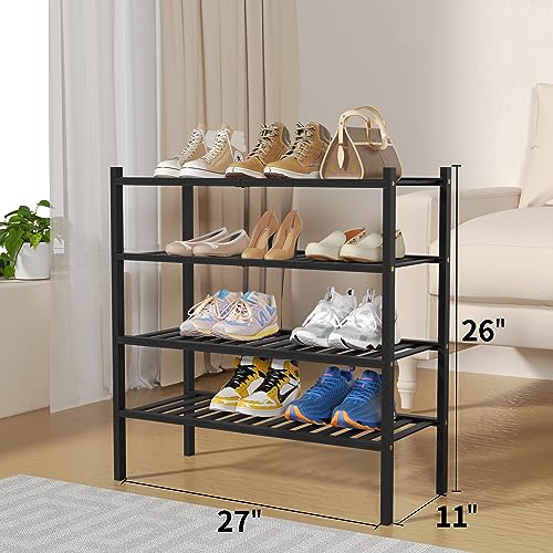 4 Tier Bamboo Shoe Rack for Closet Free Standing Wood Shoe Shelf for Entryway Small Space Stackable 27"x11"x26" (Black)