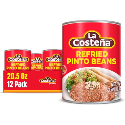 La Costeña Refried Pinto Beans - Ready-to-Eat Canned Refried Beans for Mexican Food, Mexican Rice, Nacho Bean Dip, Bean Burrito, Carne Asada, Fajita & Taco Seasoning - 20.5oz, 12 Pack Canned Food