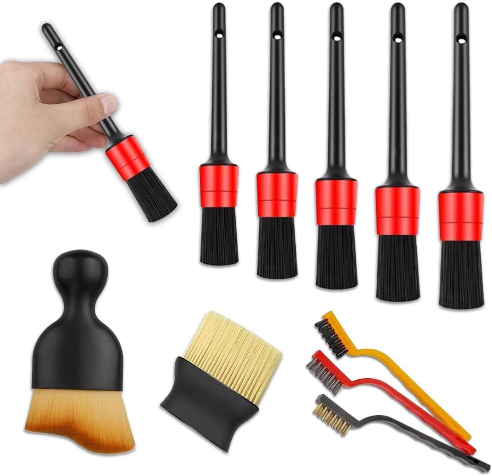 Car Auto Detailing Brush Set,Car Interior Cleaning Kit,Including 5pcs Car Detailing Brushes, 3pcs Wire Brush and 2pcs Different Soft Bristle dusting Brush for car Interior(10pcs)-image-9
