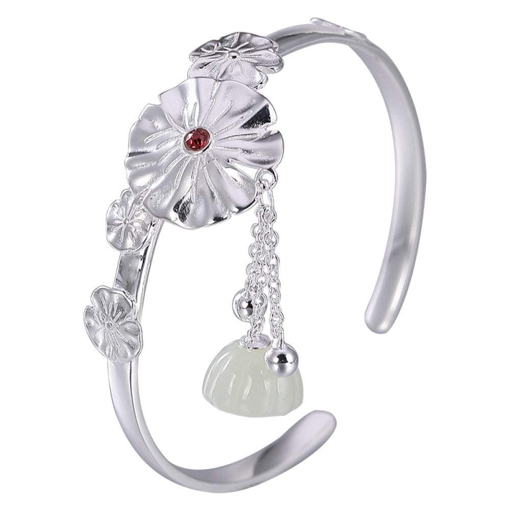 S925 Vintage Pulsera De Plata para Mujeres Hombres Jade Lotus Borla Apertura Simple Y Sencillo Estilo Chino Personalidad Creativa Encanto Hermoso Regalo
