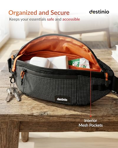 Image of Destinio Waist Bag for Men & Women | Travel Fanny Pack Pouch with Waterproof Zippers & Back Pocket | Anti-Theft Design, Key Holder, Adjustable Strap | Hip Bag for Hiking, Gym, Passport (Orange Zipper)