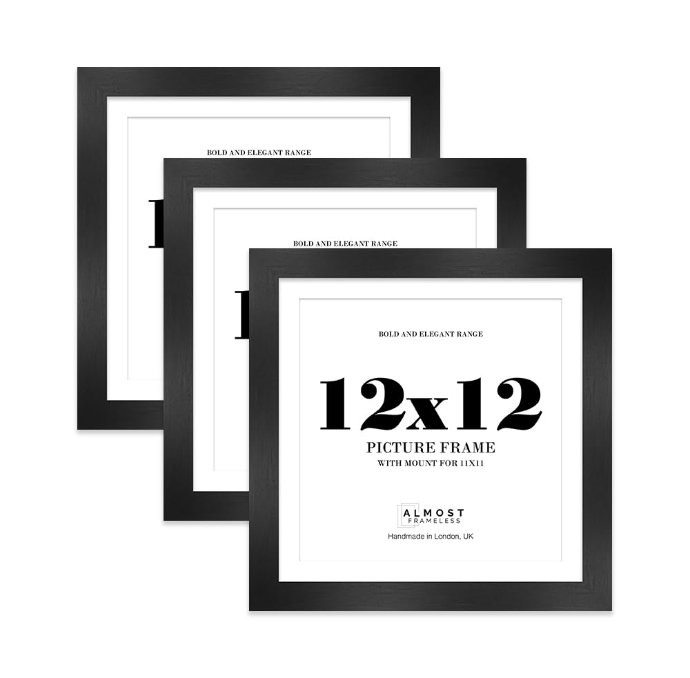 12x12" Black Square Frame With Mount for 11x11" Pictures 28mm Edge Frame Display with Wall Hooks and Kickstand, 3 Pack