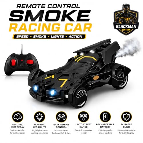 Image of The Flyers Bay Remote Control Car for Kids with Mist Spray Action, Flashing LED Lights, 10ft Control Range, Rechargeable RC Toy Car for Boys & Girls Age 4+ (Batman Smoke Car)