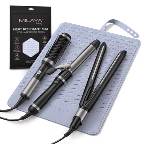Milaya Beauty Large Heat Resistant Mat for Hair Tools – Silicone Curling Iron Holder & Flat Iron Holder – Non-Slip Hot Tool Mat & Vanity Mat – Vanity Accessories for Women, Home, Salon, or Travel