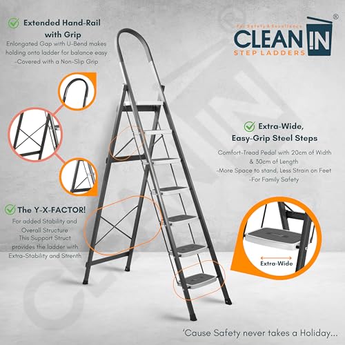 Image of CLEAN IN 7 Step Premium Foldable Household Steel Ladder ~ for Home, Garage, Kitchen. Wide & Anti-Skid Steps, 150 kg Load Capacity, Reinforced Hinges ~ (Shades of Grey)