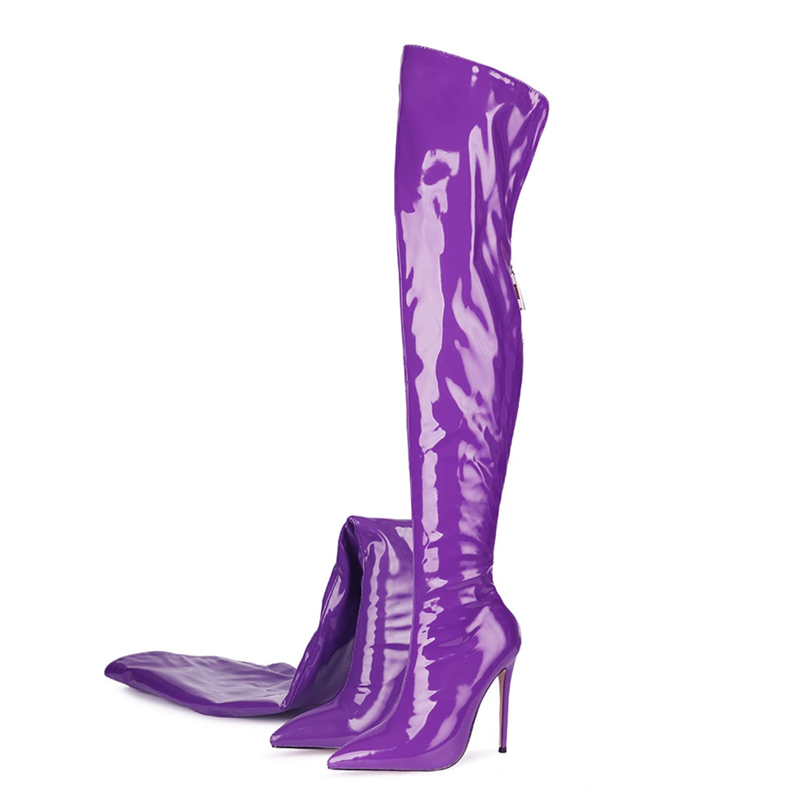 woileRQ Stivali da Donna in Vernice Rosa sopra Il Ginocchio, Tacchi a Spillo Punta Zippe Alti Stivali a Coscia, Stivali Lunghi Autunno Inverno Moda
