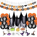 BEJAGWUS Halloween Deko Innen Set 2025,20 Halloween Luftballons + HAPPY HALLOWEEN Girlande Banner + 12 Fotobox Accessoires + Hintergrundgaze,Horror Decoration für Helloween Party