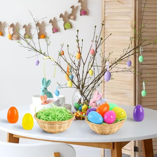 MARFOREVER Osterkorb zum Befüllen mit 2 Körben, 100g Grünem Raffia 6 Ostereiern, Komplettset für Osterdeko und Geschenke
