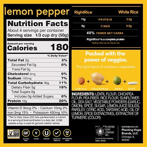 Rightrice - Lemon Pepper (7Oz. Pack Of 6) - Made From Vegetables - High Protein, Vegan, Non Gmo, Gluten Free #TOP3