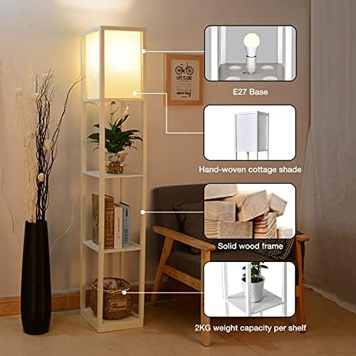 PULUOMIS Floor Lamp with Shelves, 3 Layers Wooden Shelf Standing Light, Modern Reading Lamp for Bedroom, Living Room, Office, Home Decoration (Size:26x 26 x 160 cm) (Without Bulb)-White
