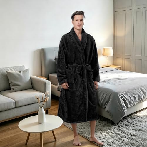 Image of Inner Wish Mens Plush Fleece Robe, Highly Absorbent Cozy Warm Bathrobe Fuzzy Male Spa Long Robe With Pockets