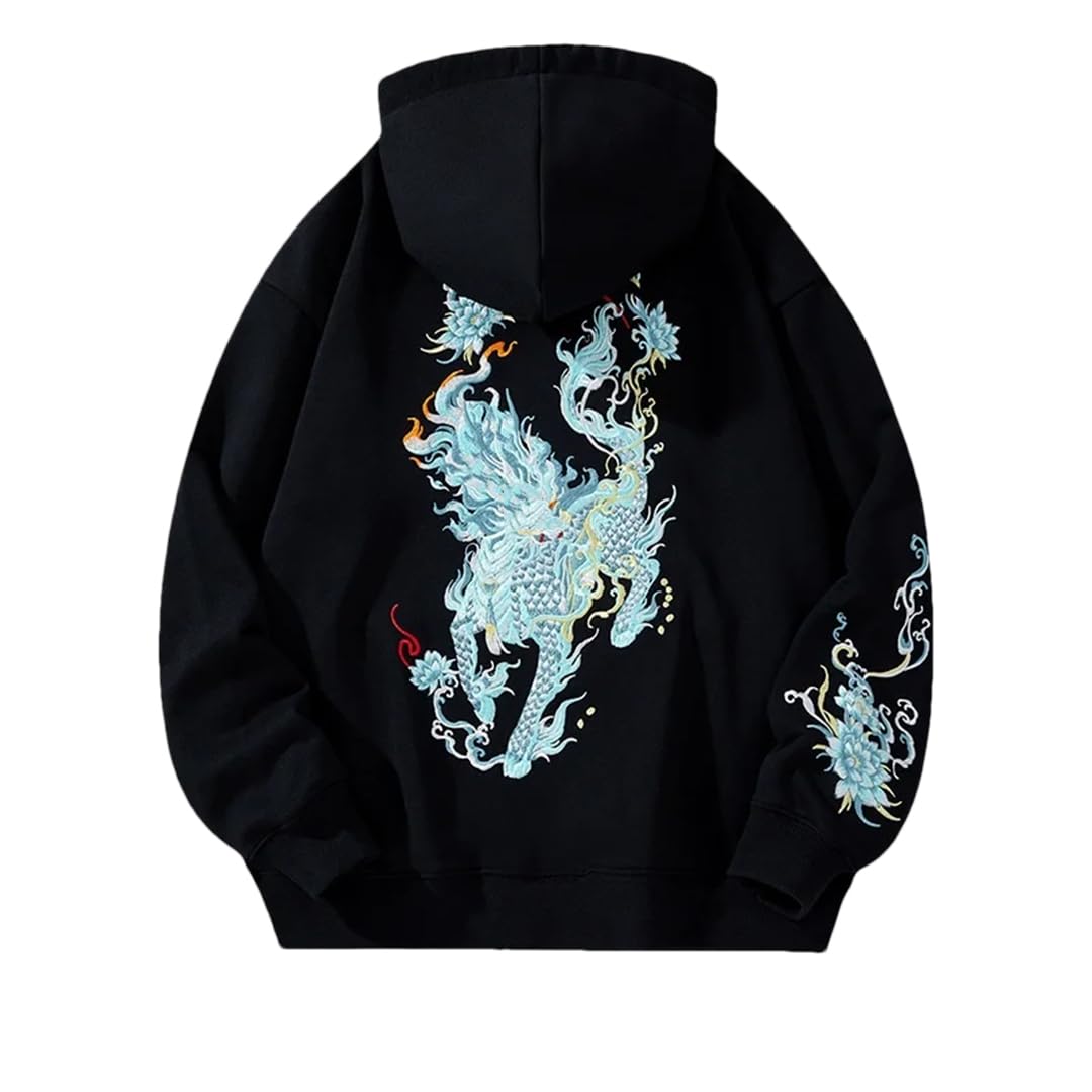 Felpe con cappuccio da uomo con ricamo drago, stile hip hop, streetwear, felpa con cappuccio in cotone felpato