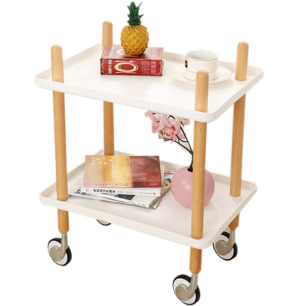 Table bout de canapé blanche en bois massif 50x30x60 cm sur roulettes