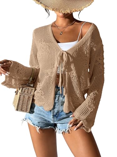 Image of Womens Tie Front Lightweight Crochet Cardigan Shrugs Knit Cardigan Crop Tops Cover Up