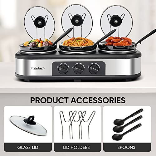 Sunvivi Triple Slow Cooker With 3 Spoons,3 Mini Pot Crock For Dips,3 Pot 1.5-Quart Crock Food Warmers Buffet Server, Dishwasher Safe Glass Lid & Ceramic Pot, Adjustable Temp, Stainless Silver #TOP5