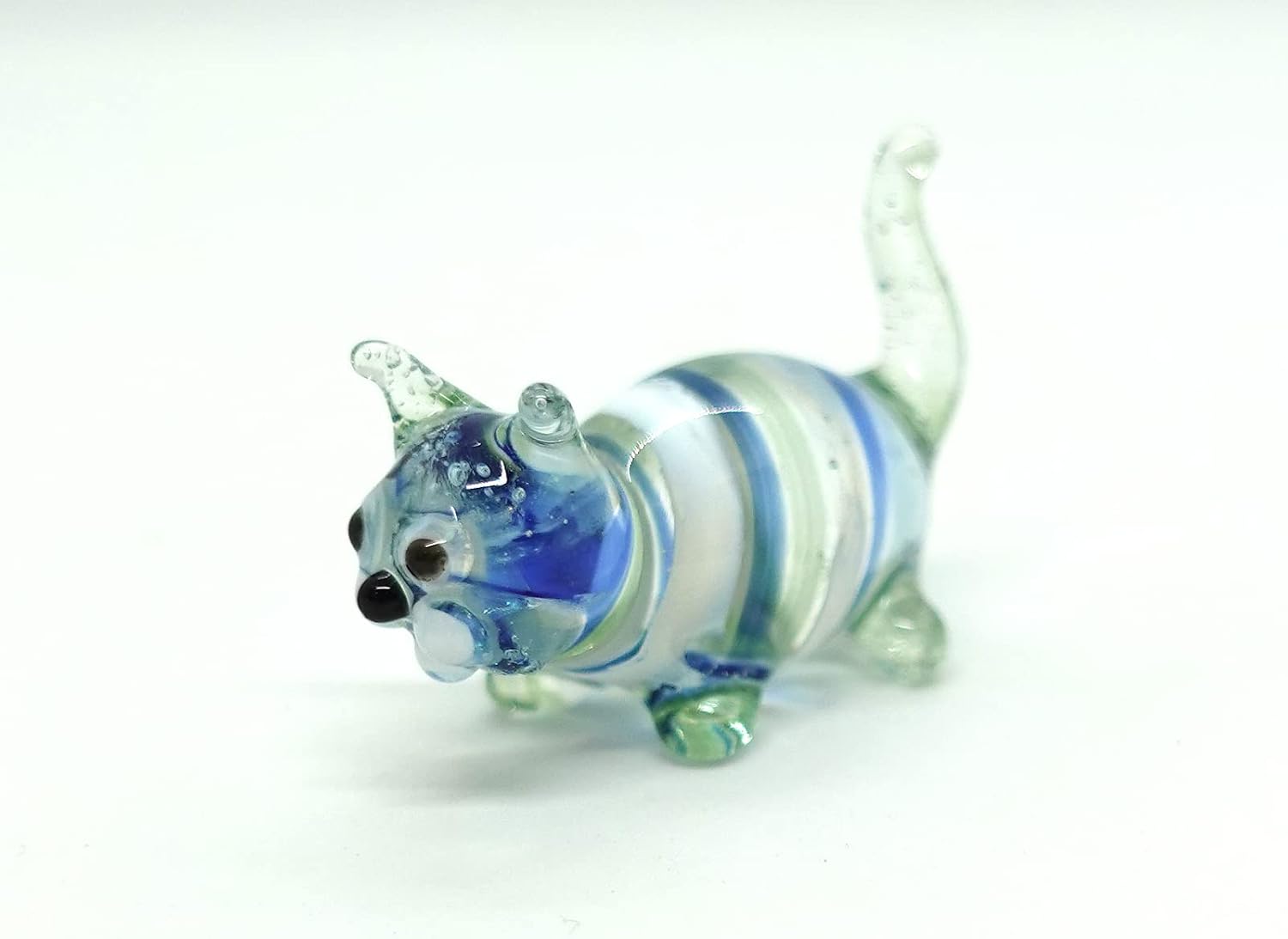 Tiny Cat Miniature Glass Figurine – Handmade Blown Glass Animal – Cute Collectible Cat Sculpture – Fairy Garden Pet Décor Gift (Green Stand) image 4