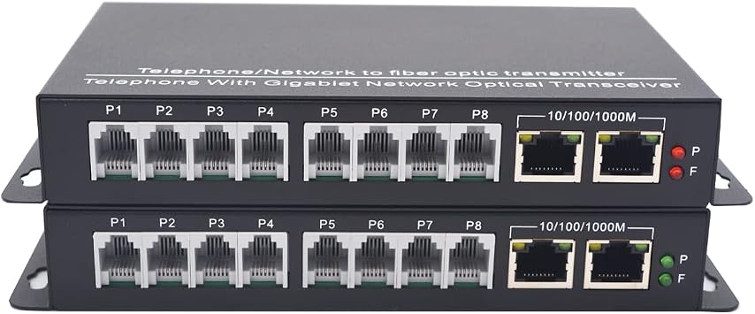 8 Port POTS RJ11 Telephone and 2 Gigabit Ethernet Over Fiber Optic Converter Extender Kit, PCM Voice Over Fiber Singlemode 20Km, Multimode 500m