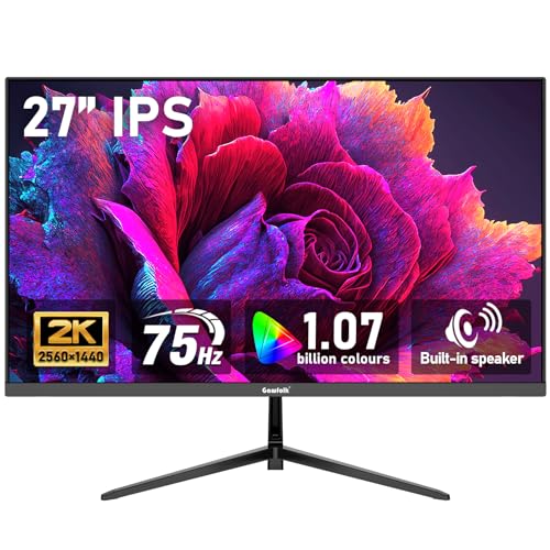 Gawfolk 27 inch IPS 2K QHD (2560×1440) Computer Monitor 75Hz Gaming PC Screen, 1ms，Adaptive Sync,100% sRGB, 1.07 Billion Colours,Built-in Speaker，Display 1.4、Port HDMI2.0, Black