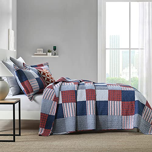 Y-Plwomen Quilt Set Queen Size, 100% Cotton Queen Quilt, Blue Red White Patchwork Plaid Quilt Sets Queen, Lightweight Reversible Soft Bedspreads Queen Size All Season, 3-Pieces #TOP2