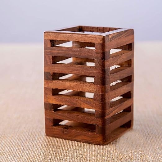 Image of Wooden Pen Holder Sheesham Wood - Brown Unique Design Wooden Pen Stand For Office And Home