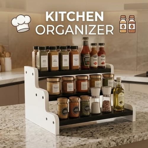 Image of Wooden 3 Tier Kitchen Organizer Rack for Countertop | Spice Rack Stand for Kitchen Counter | Masala Storage Shelf | Multipurpose Kitchen Storage Rack - Black-White
