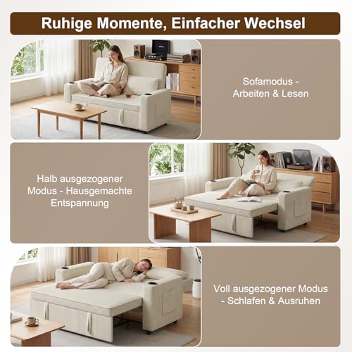 Devoko 2-Sitzer Schlafsofa 140 cm breit, Modernes Sofa mit Schlaffunktion, Ausziehbare Schlafcouch mit Verstellbarer Rückenlehne, Platzsparendes Klappsofa für Wohnzimmer, Beige - 7