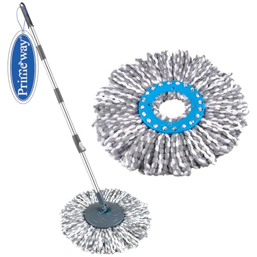 Image of Primeway Stainless Steel 127cm Extendable Floor Mop Handle /Stick with 2 Pcs Premium 115g Mop Head Refill Replacement Spares Set | Grey