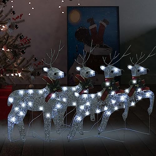 Decoraciones de temporada y festividades, renos de Navidad, 4 piezas plateadas, 80 luces LED, hogar y jardín