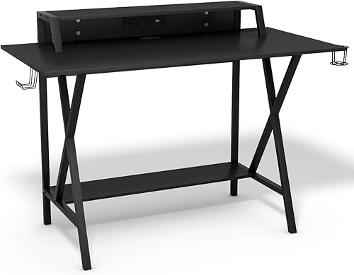 Miniatura 9 de Tangkula Escritorio para computadora de juegos con estante para monitor, mesa de juegos con soporte para tazas, soporte para auriculares y regleta