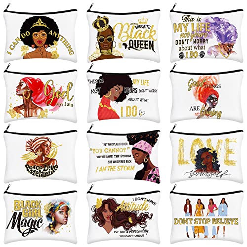 12 Pcs African Girl Makeup Bag Black Girl Housekeeping Week Gifts Afro Melanin Art Cosmetic Canvas Bags Funny Cute Reusable Toiletry Pouch Organizer Black Owned Business Gift for Women(Stylish Style)