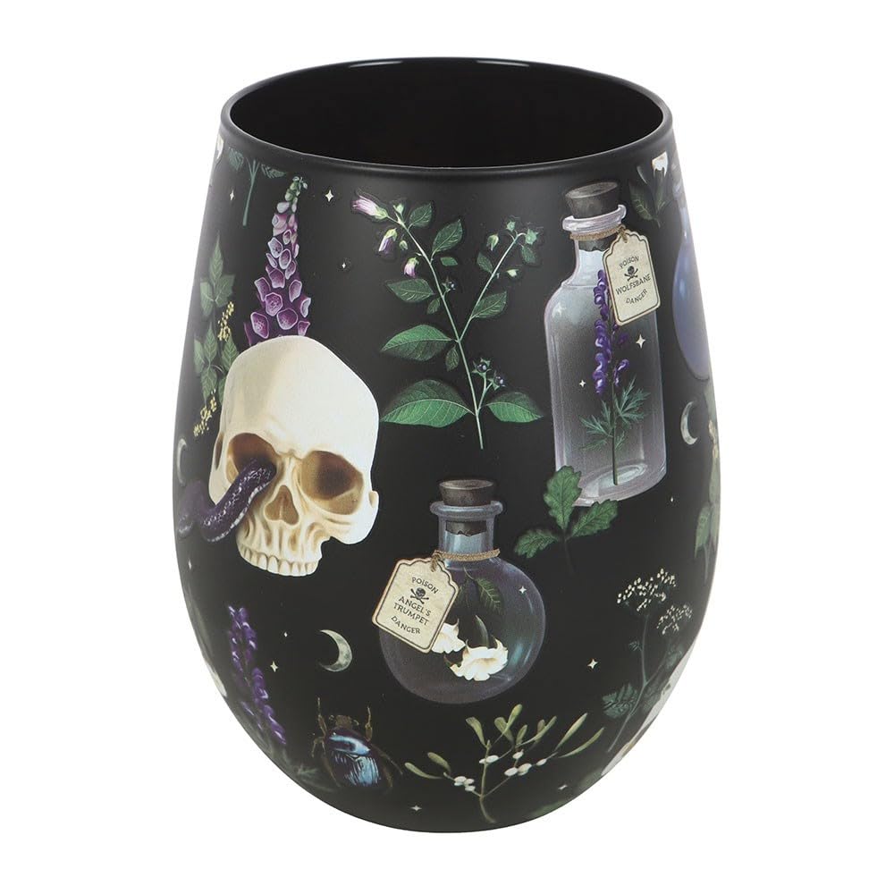 Venom & Vines Print Stemless Glass – Gothic Skull & Poisonous Botanicals Design – 500ml for Wine, Cocktails & Soft Drinks – Durable & Stylish – Ideal for Gothic Enthusiasts