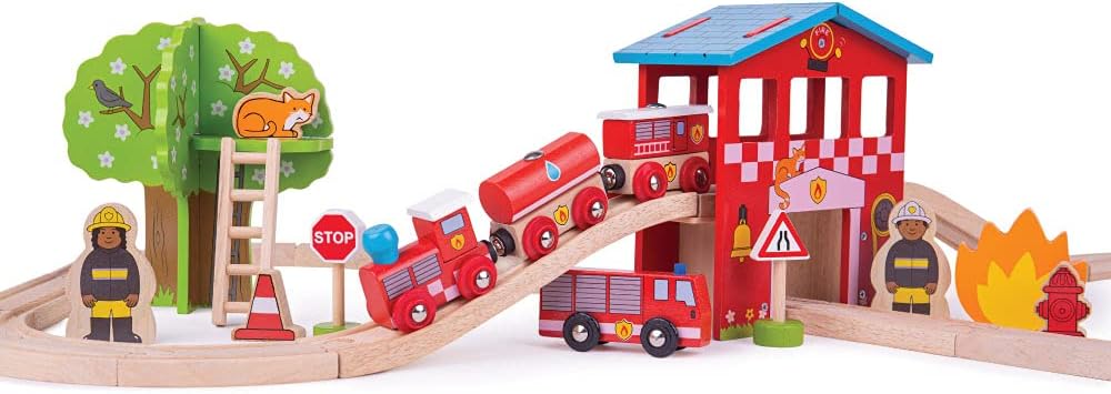 Bigjigs Rail Wooden Fire Station Train Set - 39 Play Pieces Multicoloured