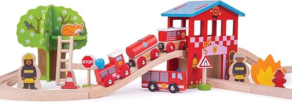 Bigjigs Rail Wooden Fire Station Train Set - 39 Play Pieces Multicoloured