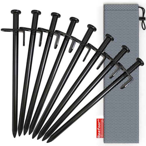 BareFour Tent Stakes Heavy Duty, 8-Inch Camping Stakes, Forged Steel Tent Pegs Unbreakable and Inflexible - Available in Rocky Place Dessert Snowfield and Grassland (8 Pack 8 Inch)