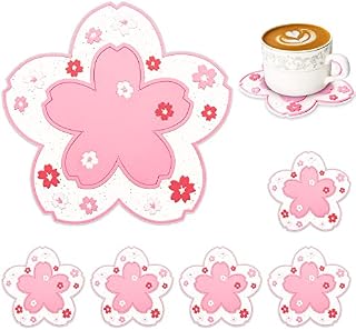 Conisy Flower Coasters for Drinks,6 Pcs Cute Non-Slip Washable Reusable Heat Resistant Silicone Coasters (Sakura,White)