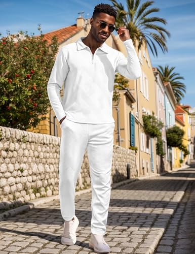 UOUA Mens 2 Piece Set Casual Outfits Polo Long Sleeve Shirt & Pants Tracksuit Loungewear Athletic Jogger Sweatsuit2