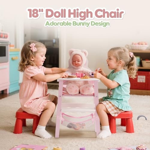 ROBUD Puppenstuhl aus Holz – Hochstuhl für Puppen mit Sicherheitsgurt, Teller & Zubehör – Puppenmöbel zum Rollenspiel für Kinder ab 3 Jahren