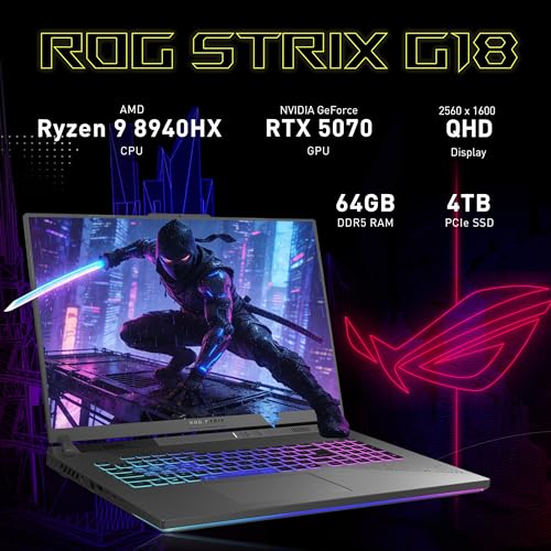 Image of ASUS ROG Strix G18 Gaming Laptop, NVIDIA GeForce RTX 5070, AMD Ryzen 9 7940HX, 64GB RAM, 5TB Storage(4TB SSD+1TB Docking Station), Backlit Keyboard, 18 inch 2.5K 240Hz Display, Win 11, Gray