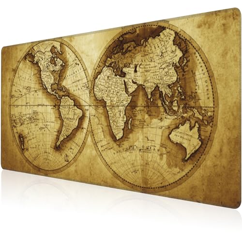 Grand tapis de souris motif carte du monde antique, tapis de souris antidérapant étendu, bords cousus épais, imperméable, 80 x 40 cm (carte du monde rétro)