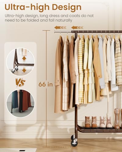 Image of Heavy Duty Clothing Rack, Metal Clothes Rack Load 450 LBS, Rolling Coat Racks for Hanging Clothes with Lockable Wheels, Wardrobe Closet Garment Racks for Bedroom, Brown