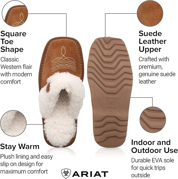 Image of ARIAT Women's Jackie Square Toe Warm Soft Genuine Suede Leather Indoor Outdoor Slippers with Plush Collar