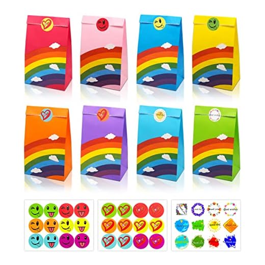Rluobo 40 Pezzi Sacchetti Regalo di Carta Arcobaleno, Sacchetti di Carta per Caramelle con 72 adesivi, Sacchetti Compleanno Bambini per Confezionare Regali, Matrimoni, Festa, Pasqua, Natale