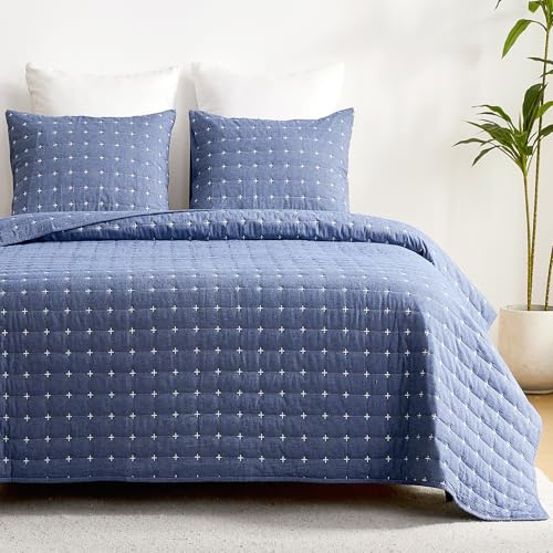Qucover Couvre Lit Matelassé Élégant Super Doux et Confortable en Coton Lavé, Couvre Lit avec Un Motif Moderne de Point de Croix (Bleu, 240x260cm)